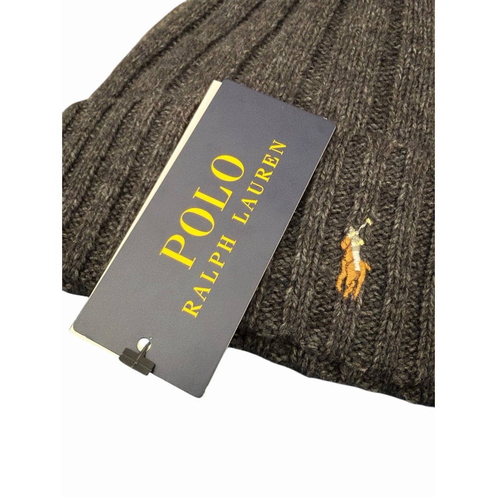 Polo Ralph Lauren Mens Grey Wool Blend Ribbed Cuff Knit Beanie Hat RL Flesh Pony